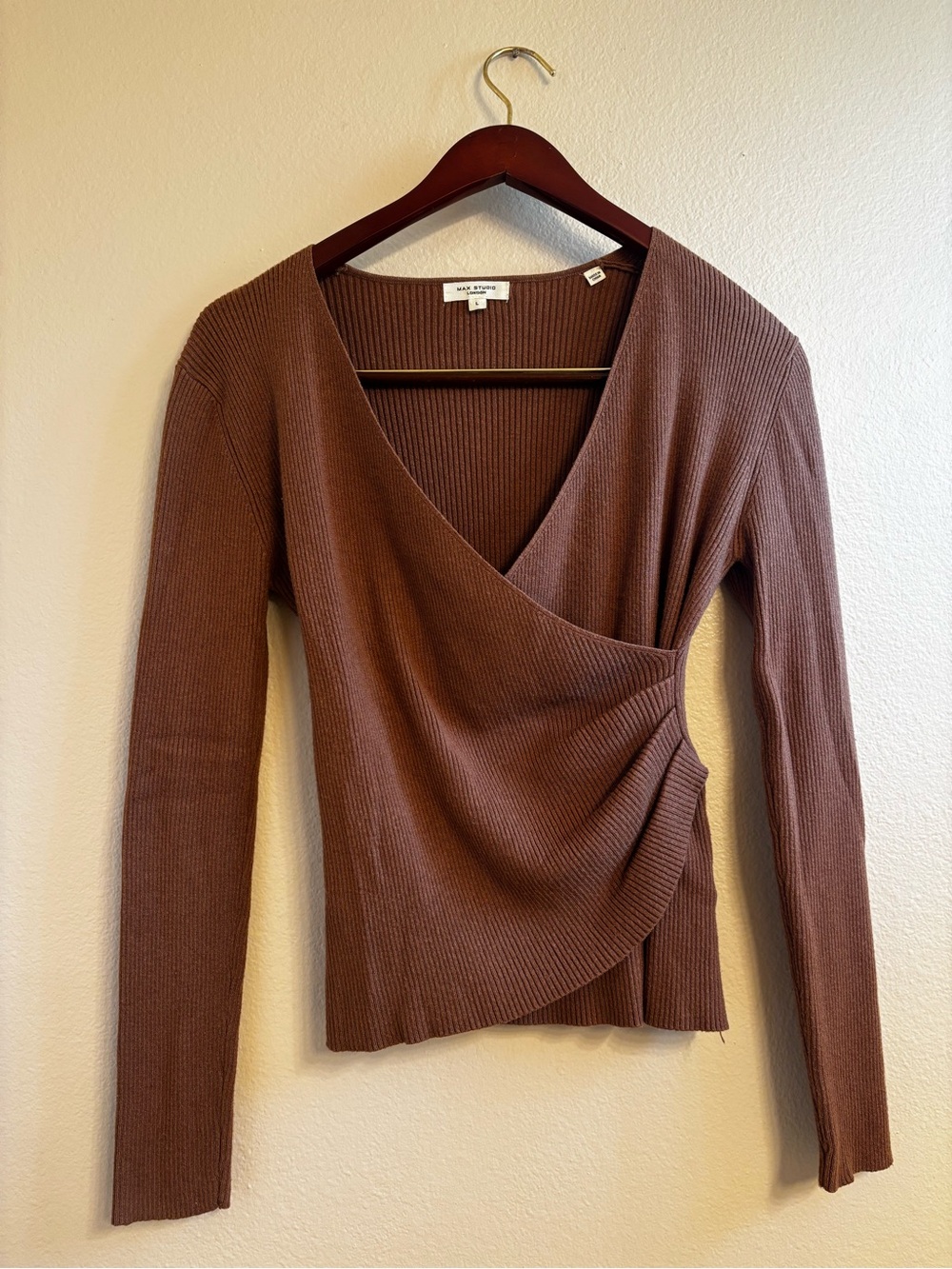 Max Studio London Brown Ribbed Wrap V-Neck Sweater